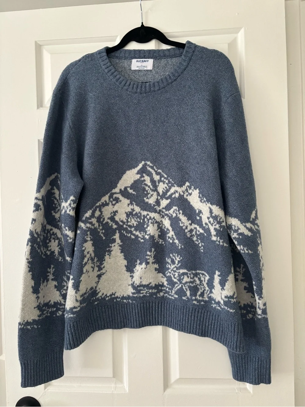 Old Navy Men’s Blue and Cream Mountain Scene Crewneck Sweater